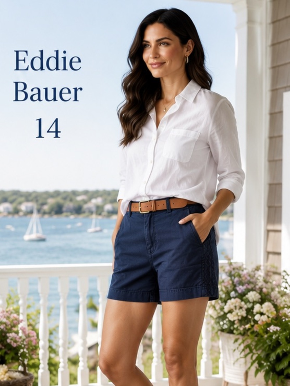 Eddie Bauer Navy Cotton Stretch Shorts Embroidered Trim Size 14